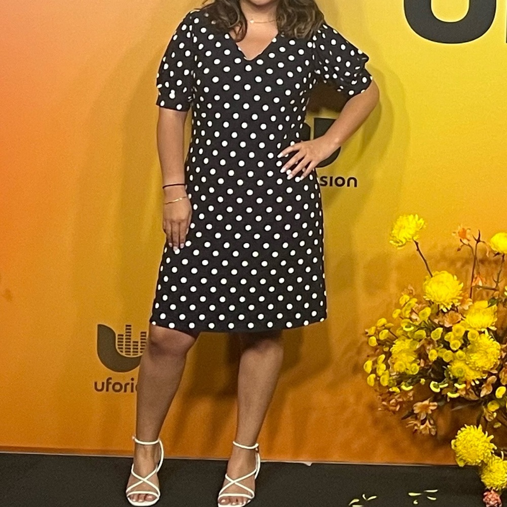 Navy dress with white polka dots